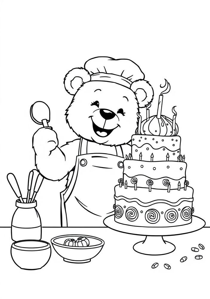 Ursinho fazendo bolo para colorir