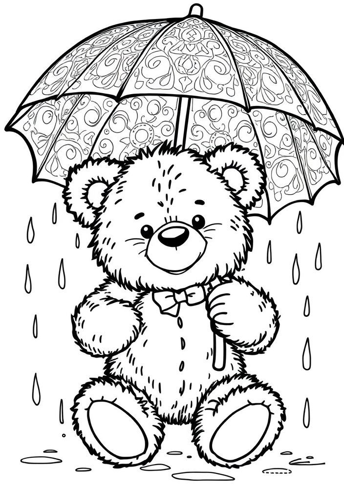 Ursinho na chuva com guarda-chuva para colorir