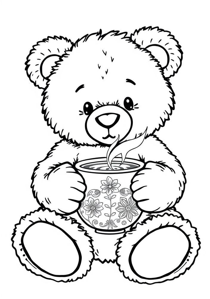 Ursinho sentado com uma xícara de chá para colorir