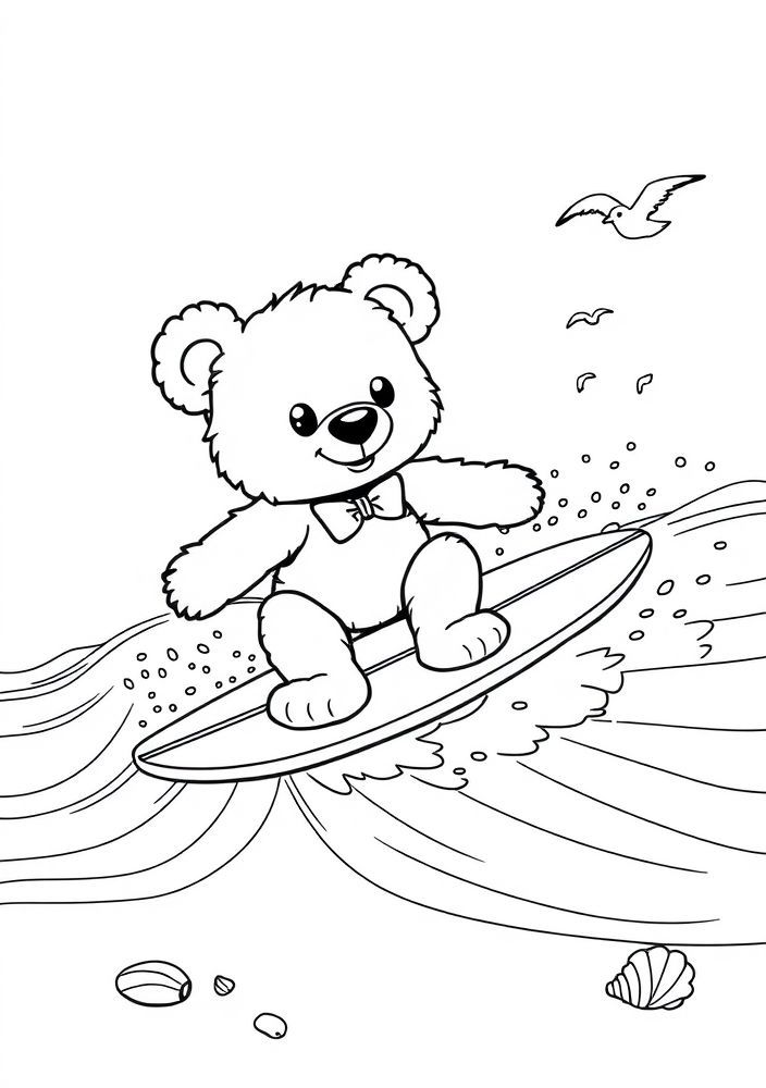 Ursinho surfista na praia para colorir