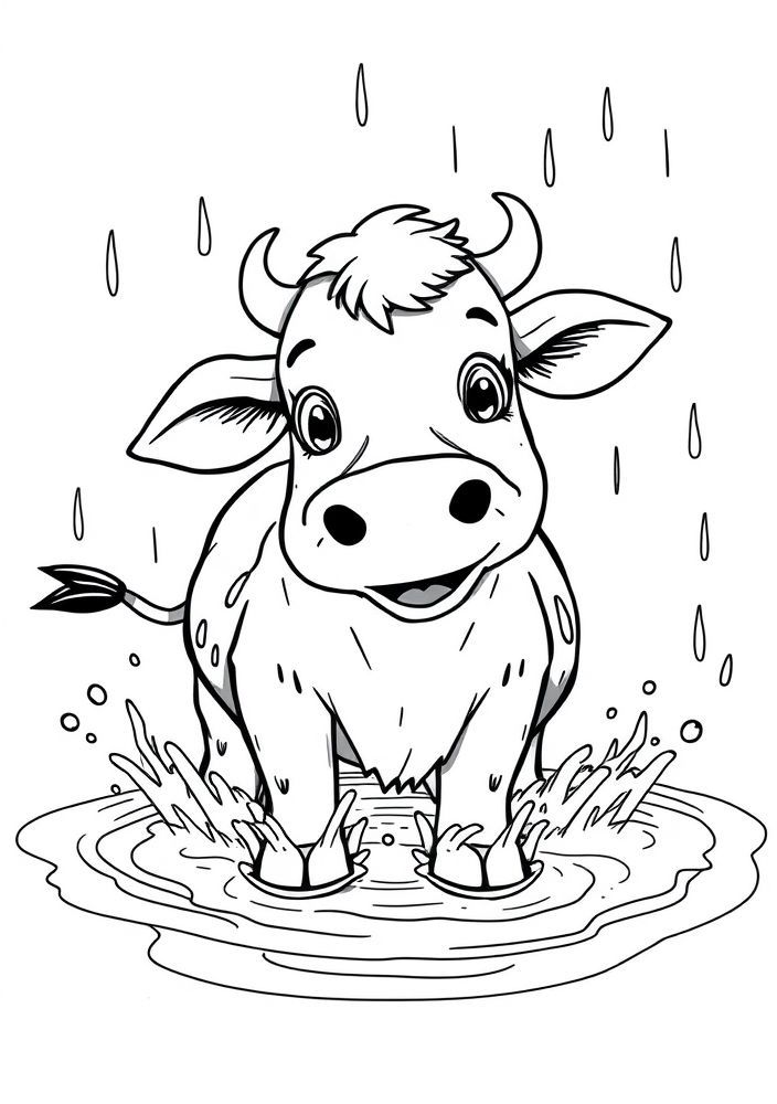 Vaca brincando na chuva para colorir