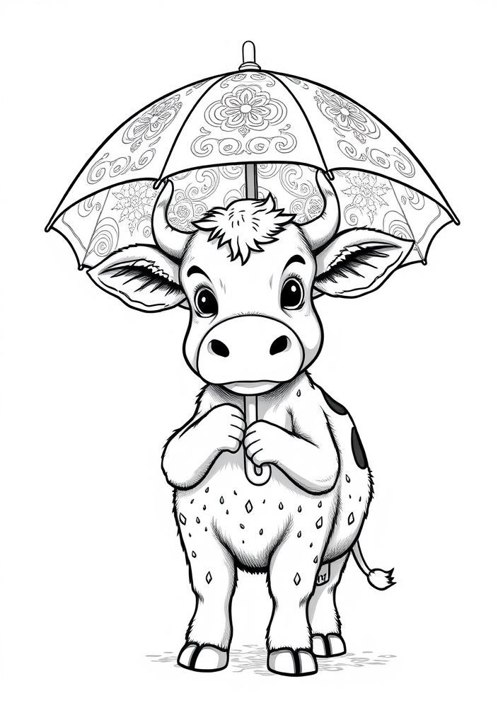 Vaca com um guarda-chuva para colorir