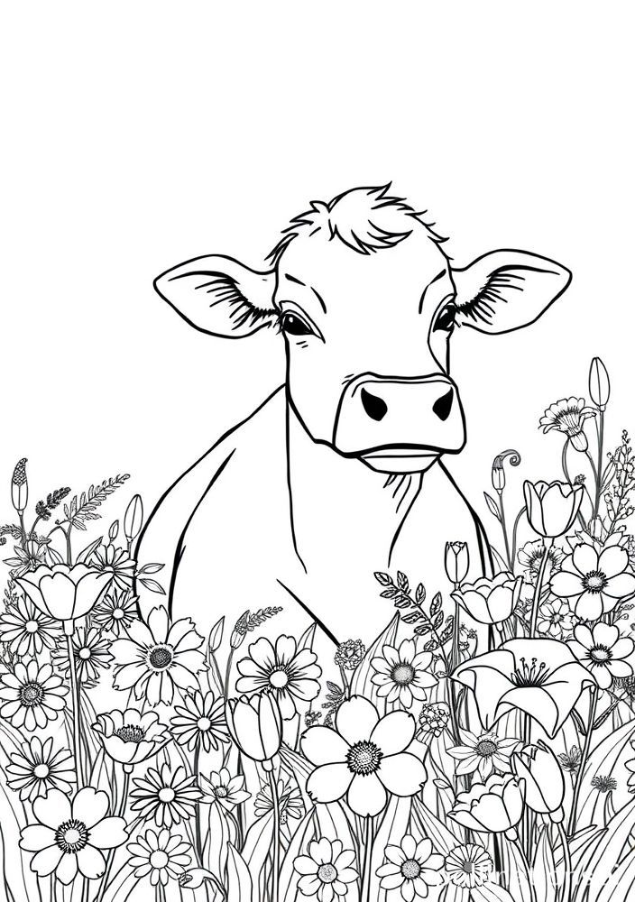 Vaca em um campo florido para colorir