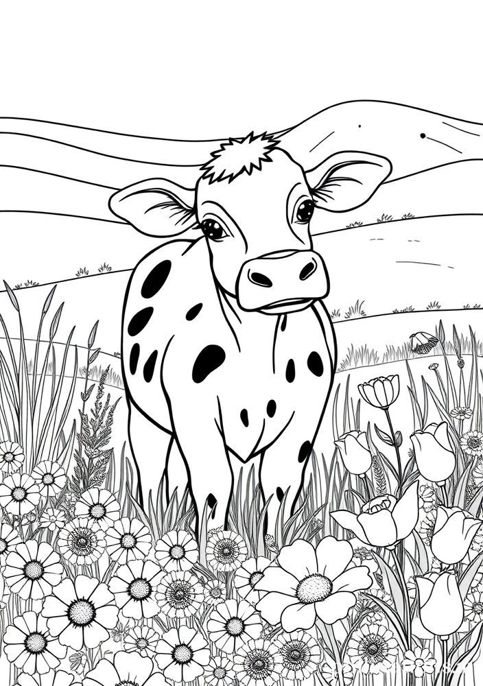 Vaca em um campo florido para colorir