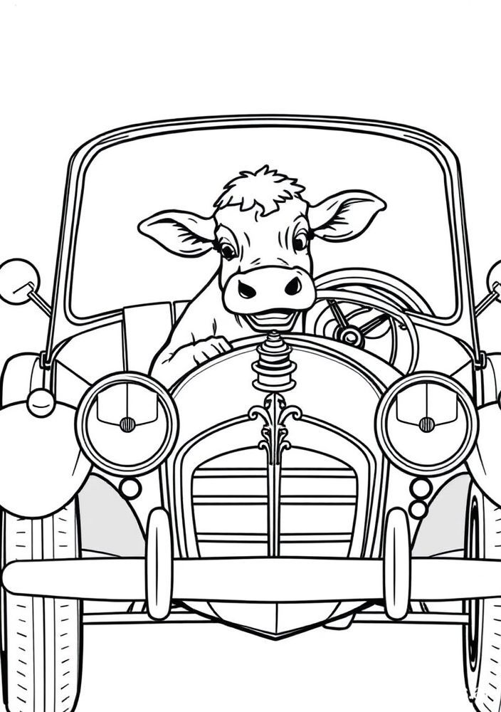 Vaca em um carro clássico para colorir