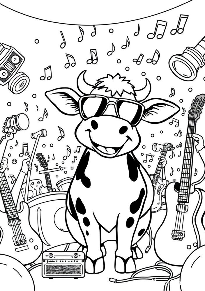 Vaca em um festival de música para colorir