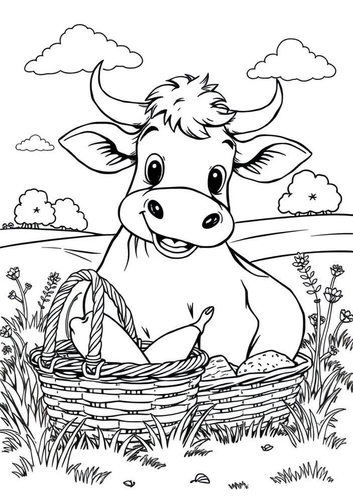 Vaca feliz em um piquenique para colorir