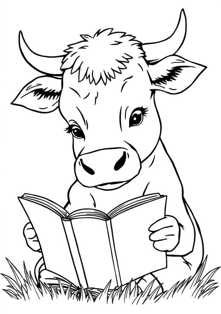 Vaca lendo um livro para colorir