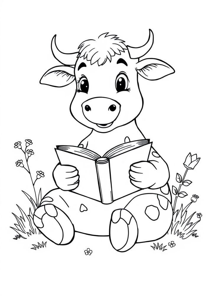 Vaca lendo um livro para colorir