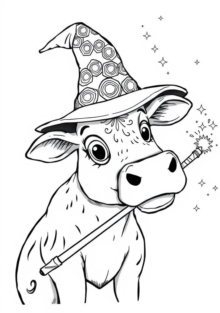 Vaca magica com um chapéu para colorir