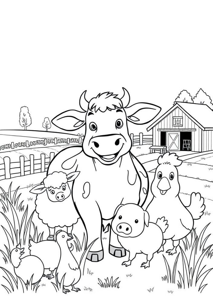 Vaca na fazenda com amigos para colorir