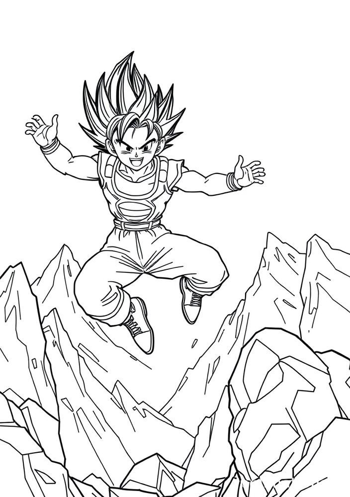 Vegeta pulando em um cenário de montanha para colorir