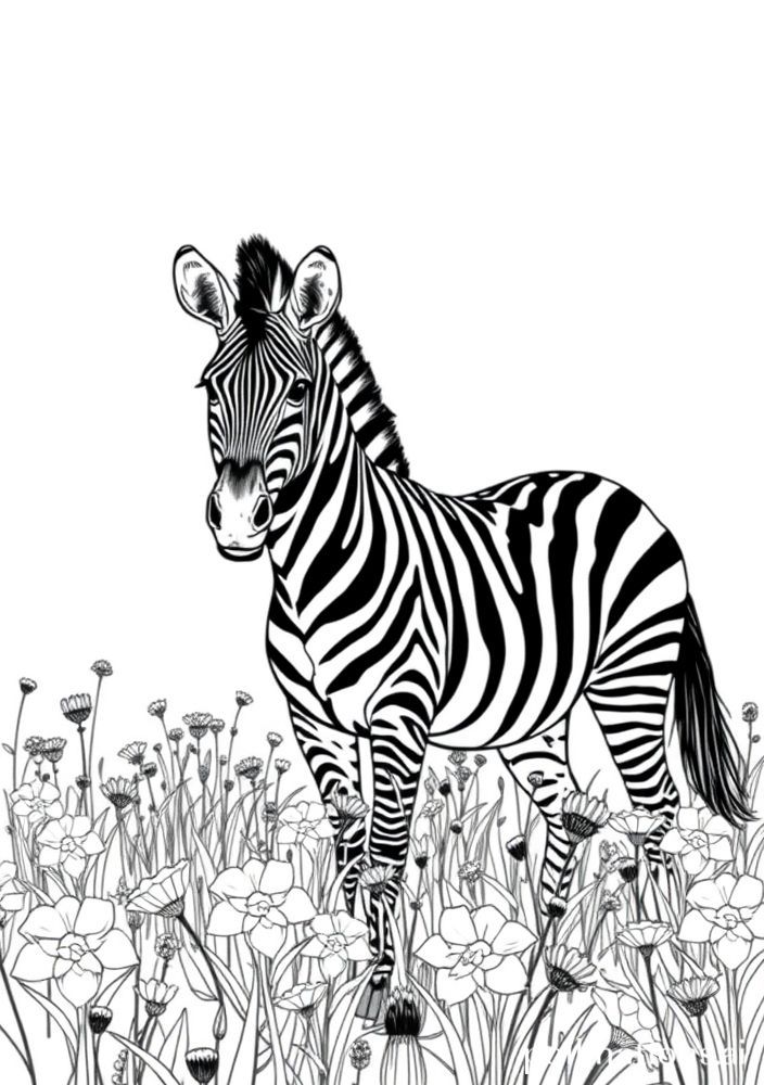 Zebra em um campo de flores para colorir