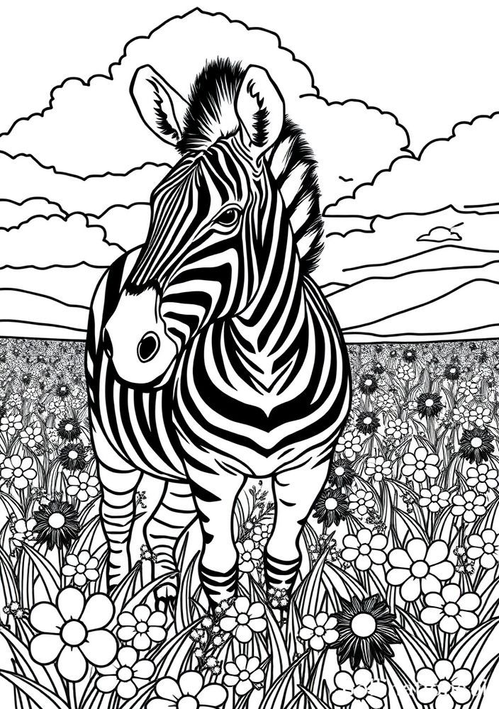 Zebra em um campo de flores para colorir