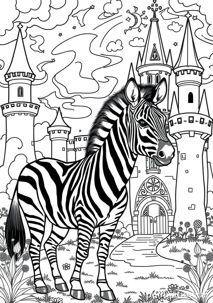 Zebra em um castelo mágico para colorir