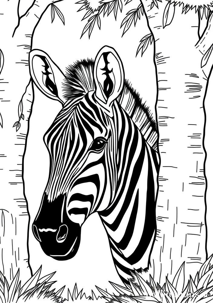 Zebra escondendo-se atrás de árvores para colorir