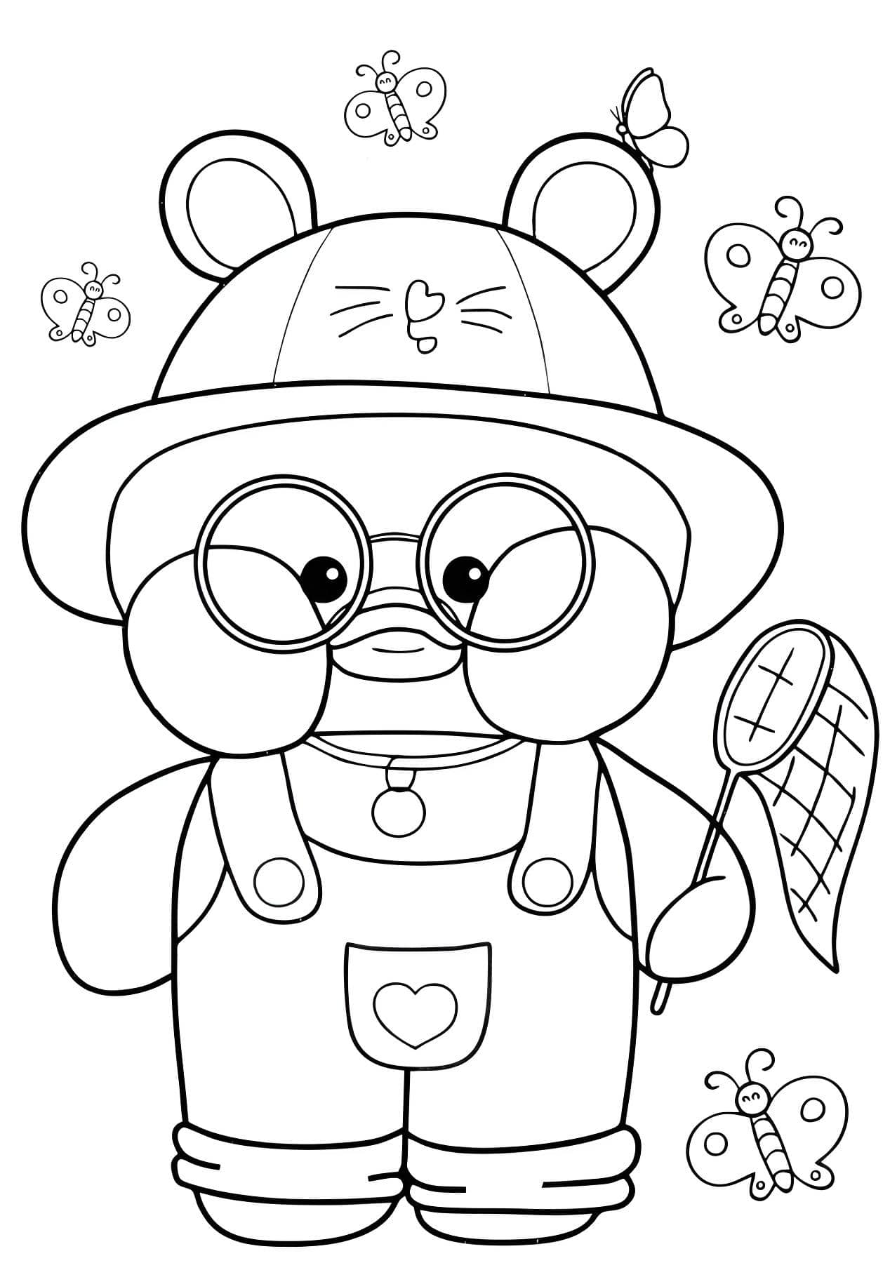 Paper Duck com chapéu, óculos e borboletas para colorir e imprimir.