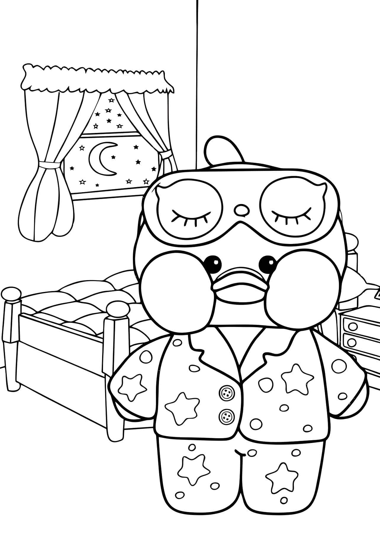 Paper Duck para colorir de pijama e máscara de dormir no quarto.