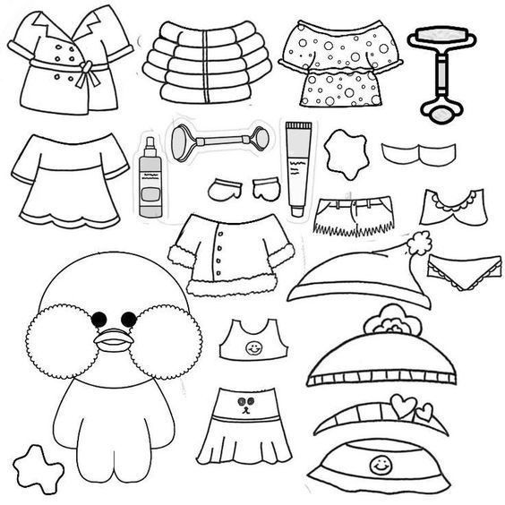 Desenhos Paper Duck com roupas, acessórios e itens de beleza para colorir
