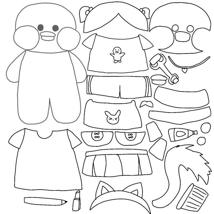 Paper Duck para colorir e recortar com roupas e acessórios diversos
