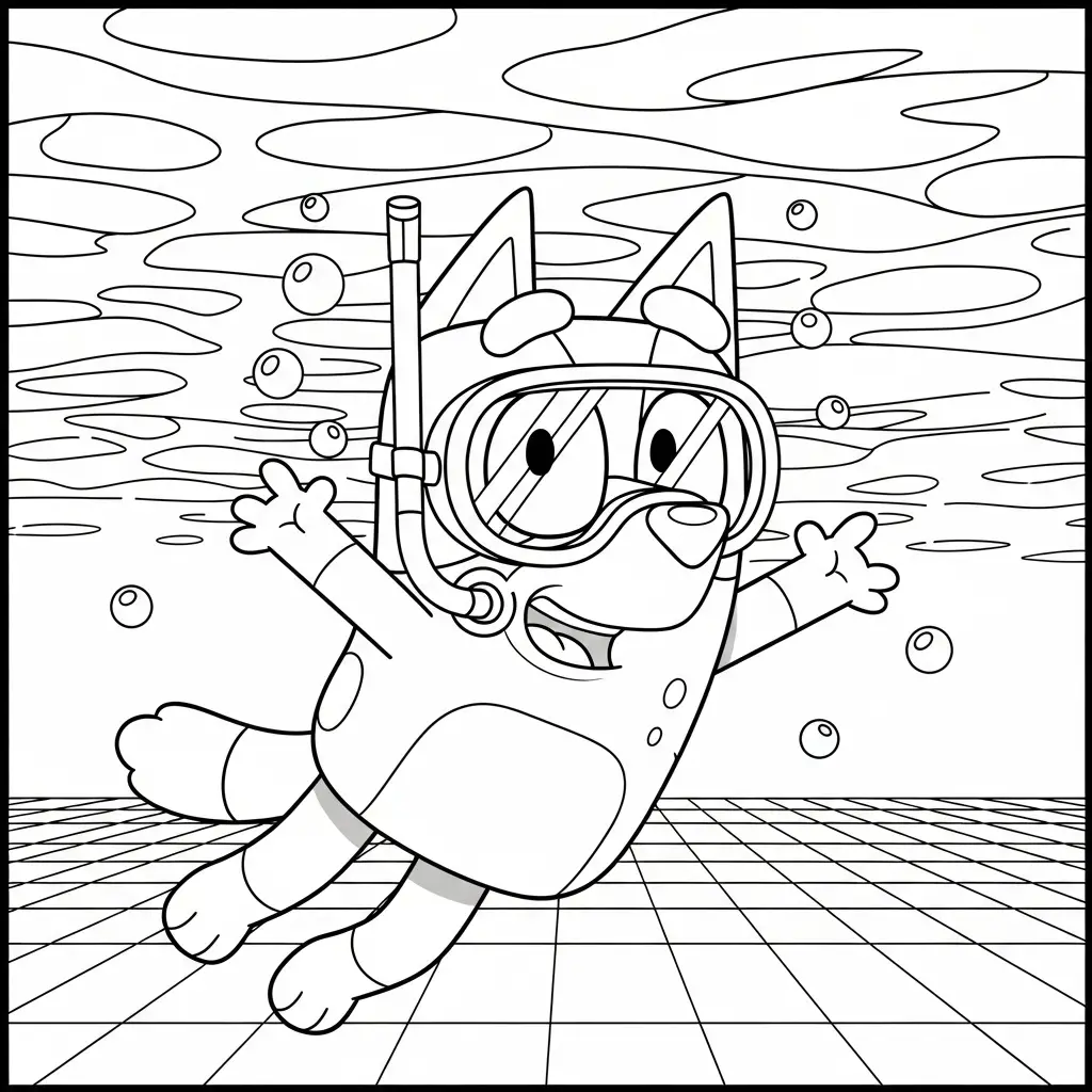 Desenho da Bluey aprendendo a nadar para colorir
