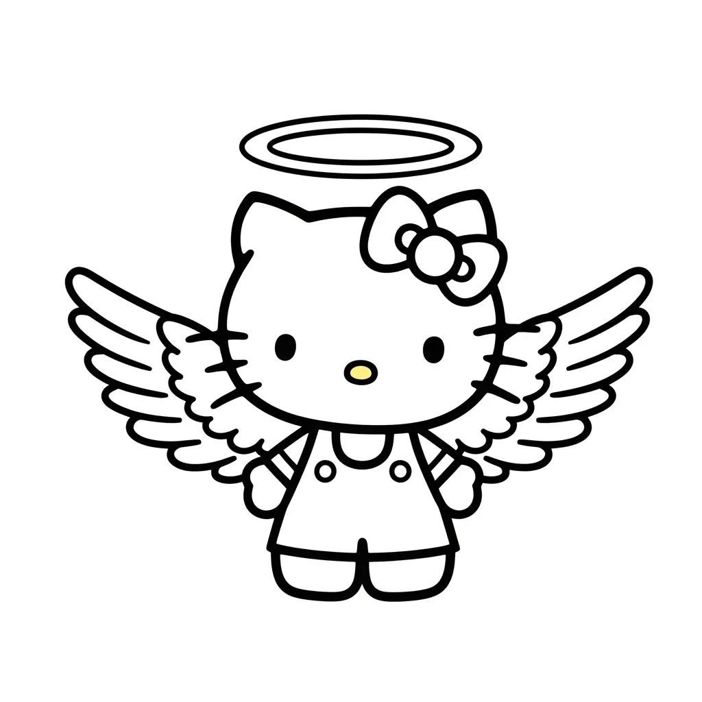 Desenho da Hello Kitty com asas de anjo e auréola para colorir