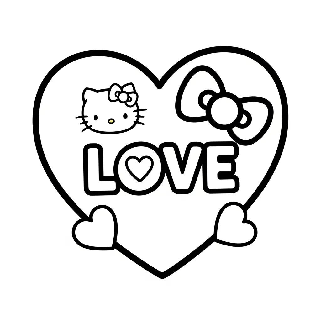 Desenho da Hello Kitty com coração de amor no Dia dos Namorados para colorir
