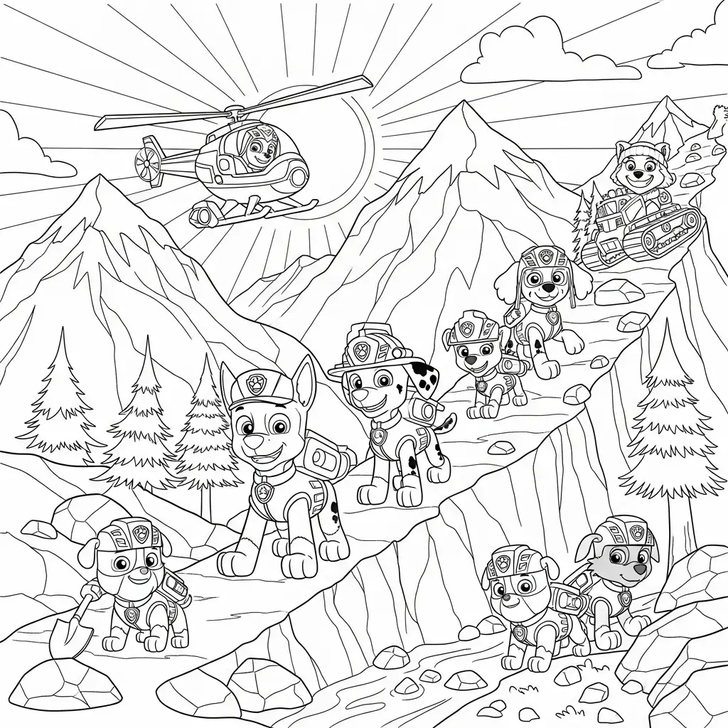 Desenho da Patrulha Canina em uma expedição na montanha para colorir