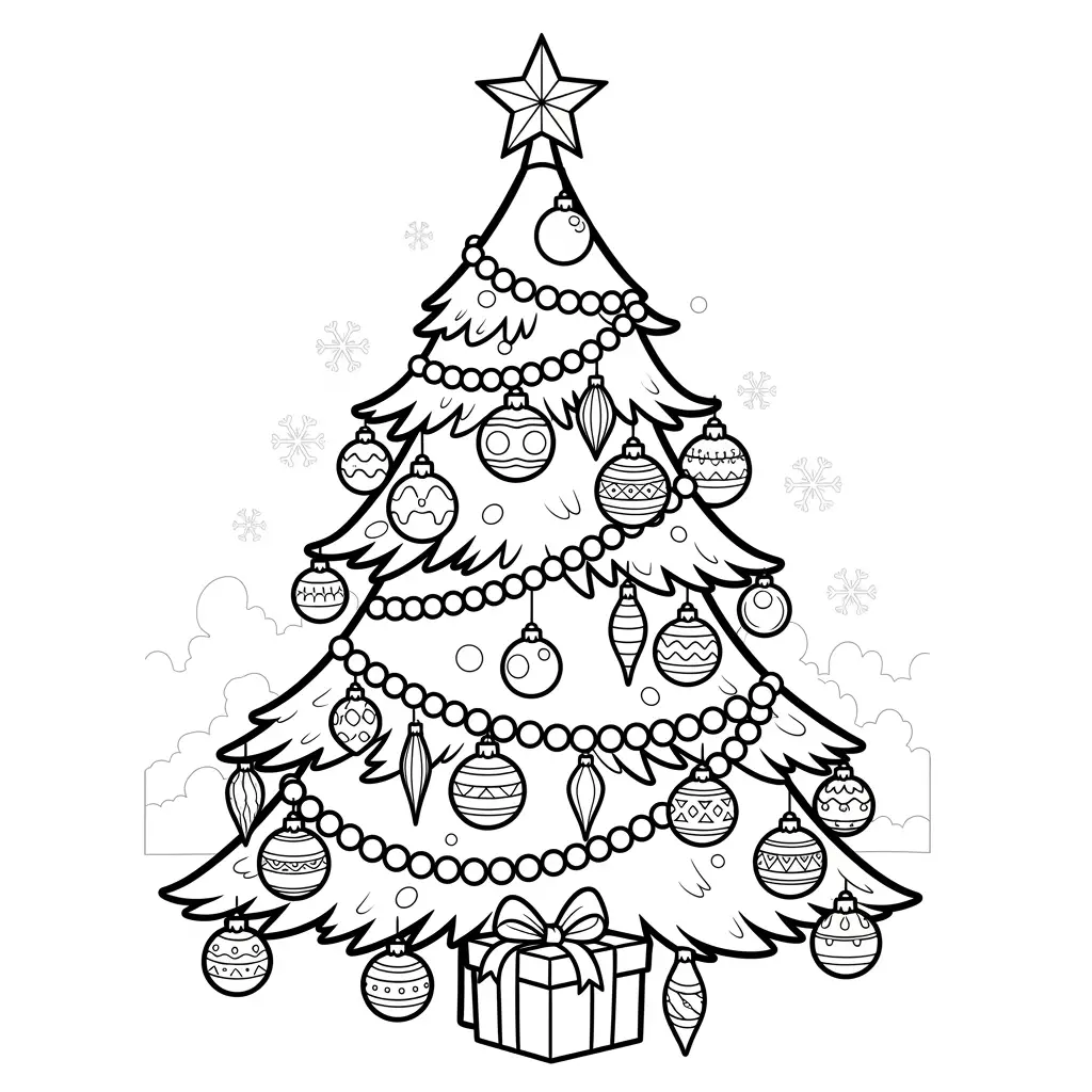 Desenho de Árvore de Natal com enfeites brilhantes para colorir