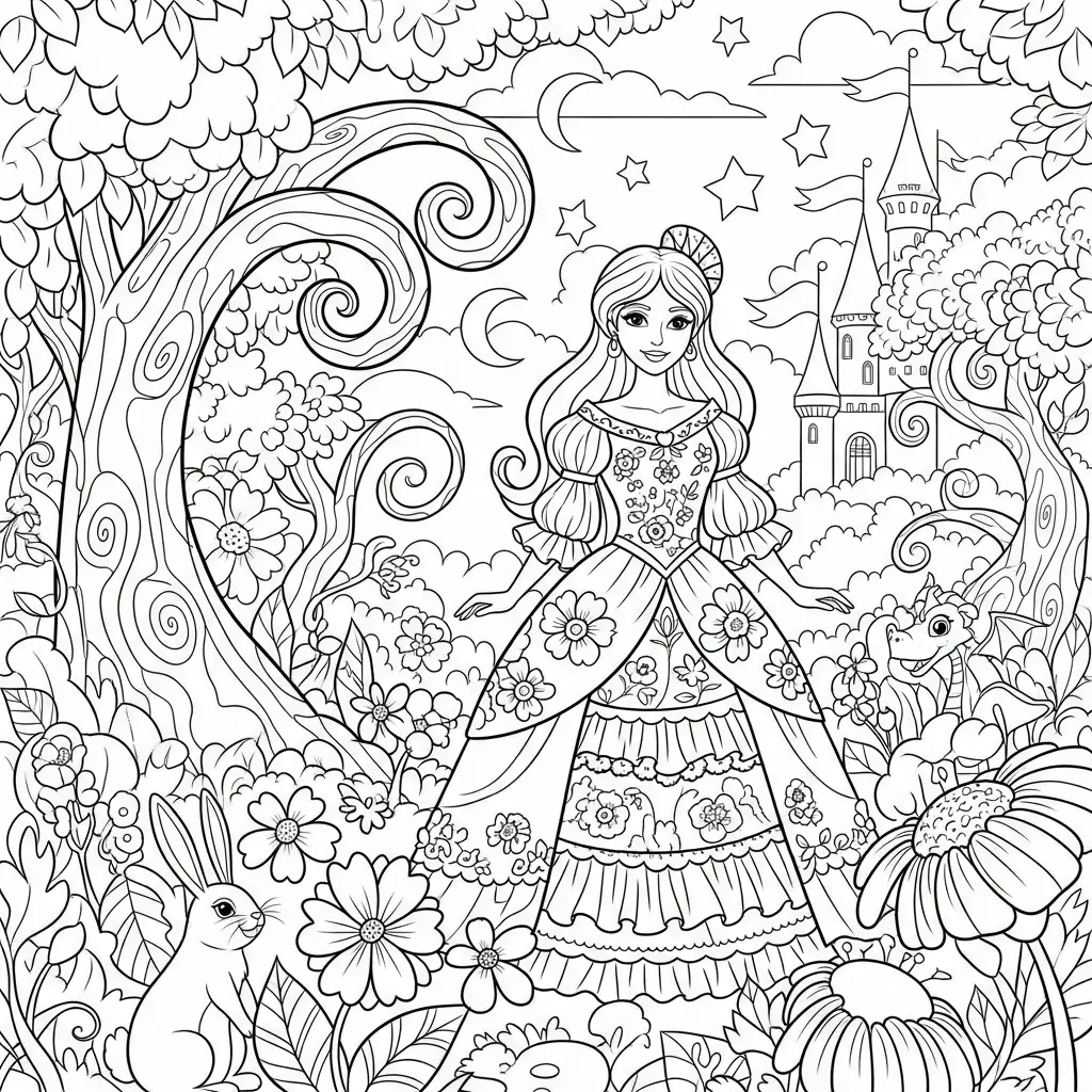 Desenho de Princesa em um mundo de contos de fadas para colorir