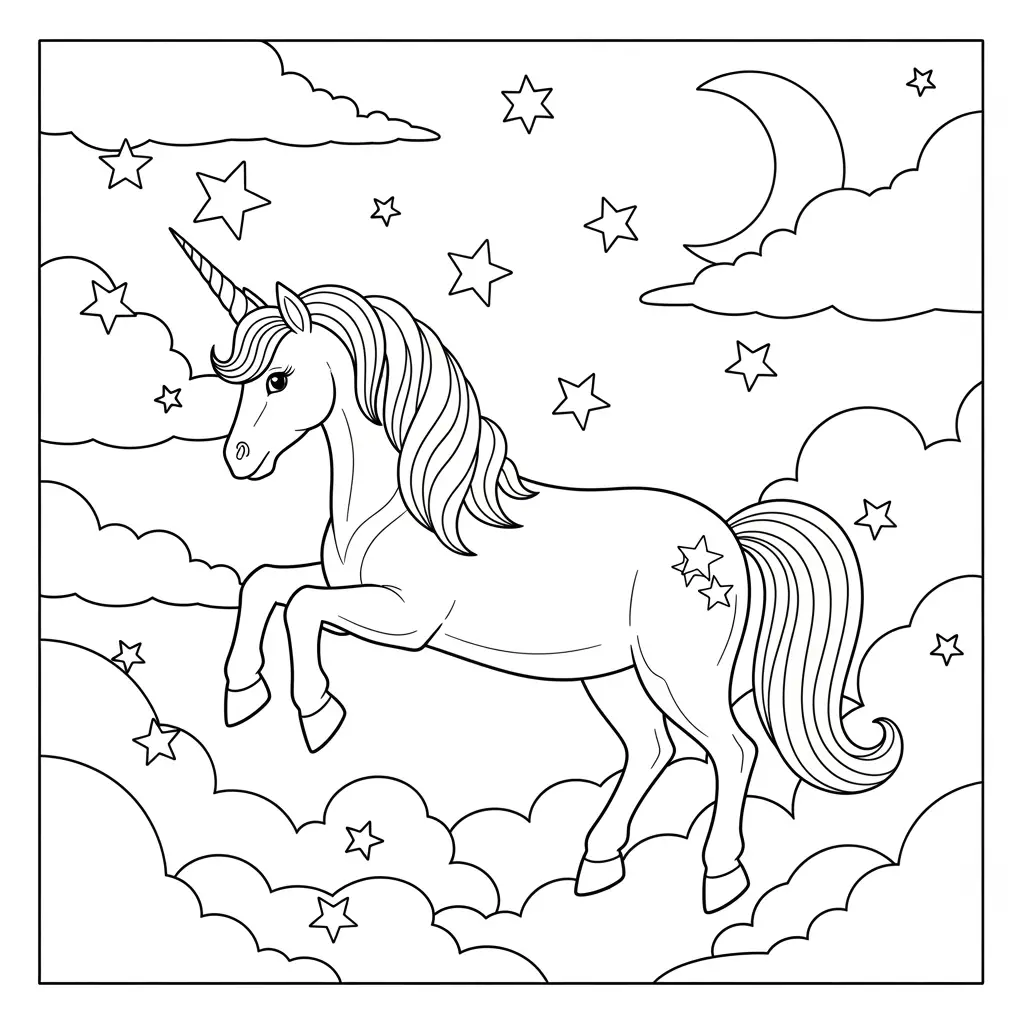 Desenho de Unicórnio e céu noturno para colorir