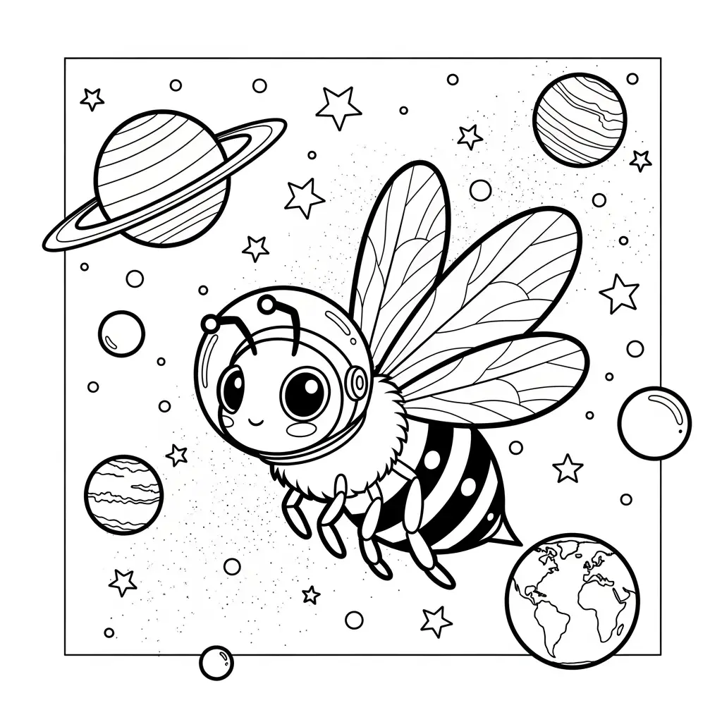 Desenho de abelha no espaço com planetas para colorir