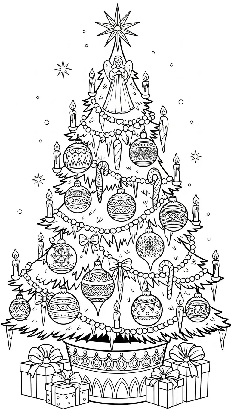Desenho de árvore de Natal com enfeites vintage para colorir
