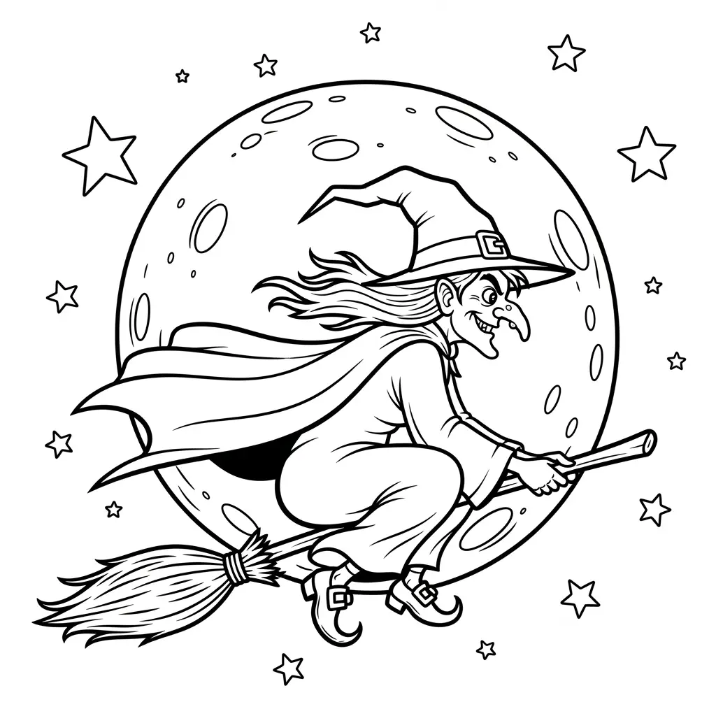 Desenho de bruxa voando de vassoura para colorir