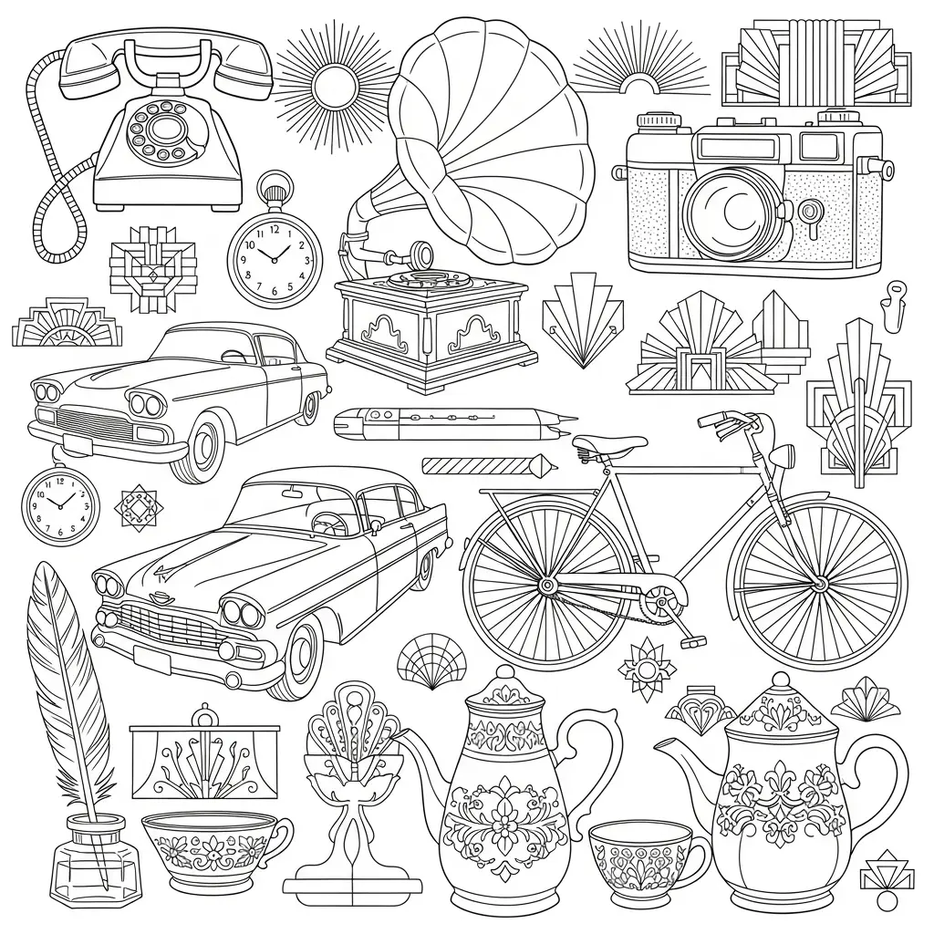 Desenho de objetos vintage para colorir