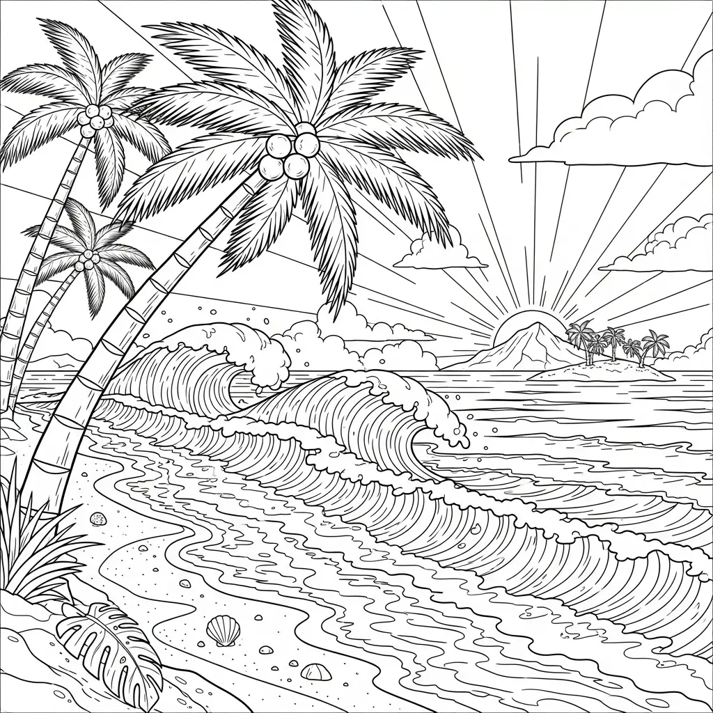 Desenho de praia tropical para colorir