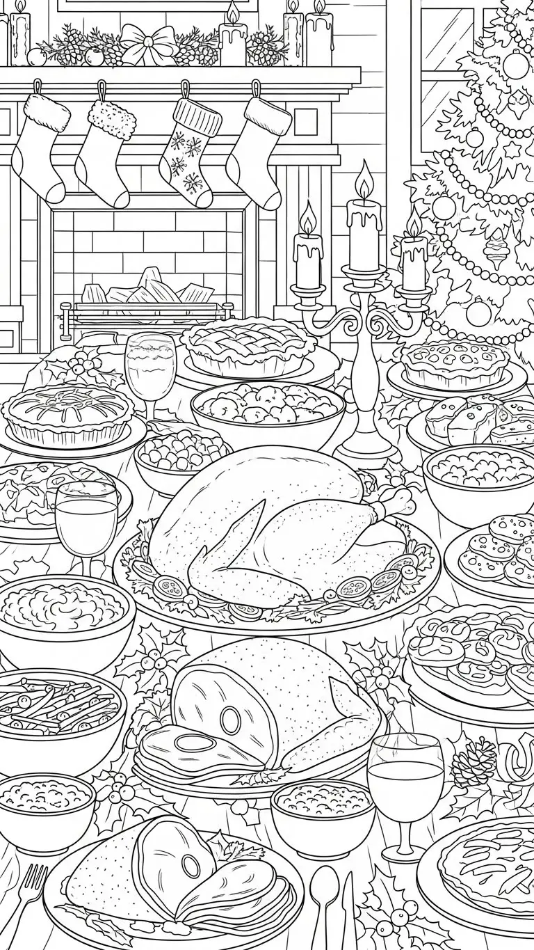 Desenho de uma ceia de Natal com pratos deliciosos para colorir