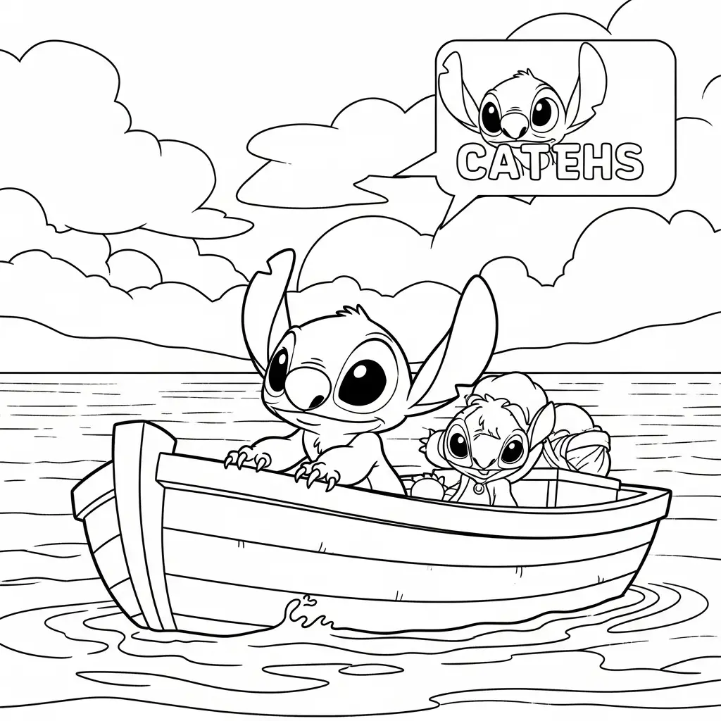 Desenho do Stitch em uma lancha no lago para colorir