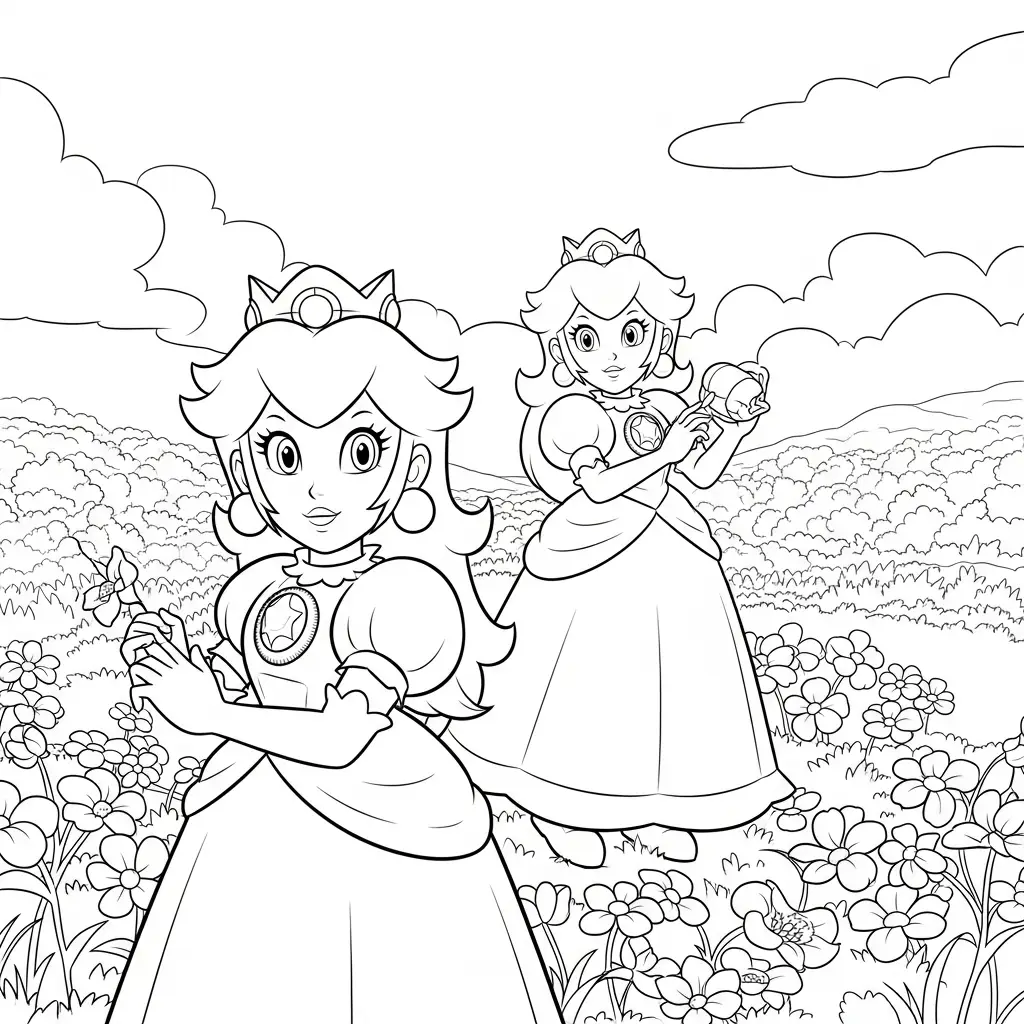 Princesa Peach jogando em um campo florido para colorir