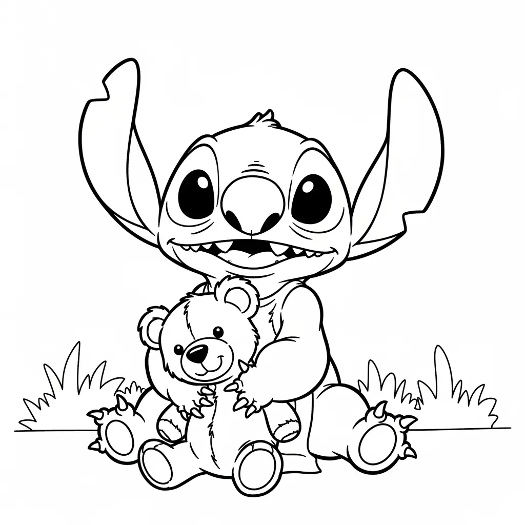 Stitch com seu amado ursinho para colorir